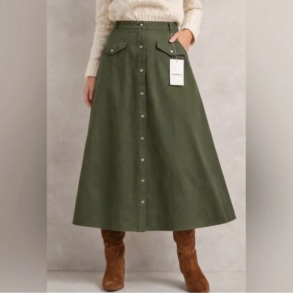NWT Tuckernuck Olive Green Button Front A-Line Midi/Maxi Skirt Size 6 Pockets - Picture 3 of 6